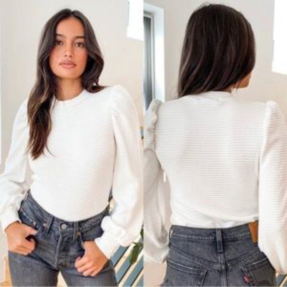 Lulus Subtle Drama Ivory Ribbed Balloon Sleeve Sweater Top Size XS - Picture 9 of 9
